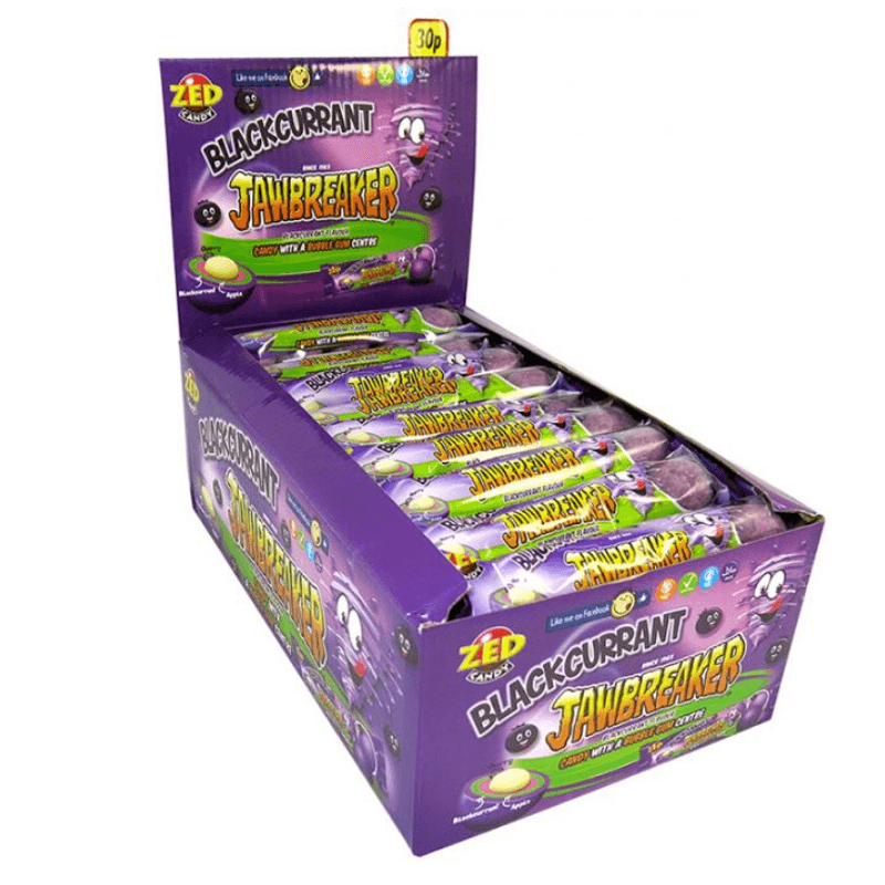 Box of blackcurrant jawbreakers with a bubblegum centre. 30 in a box.