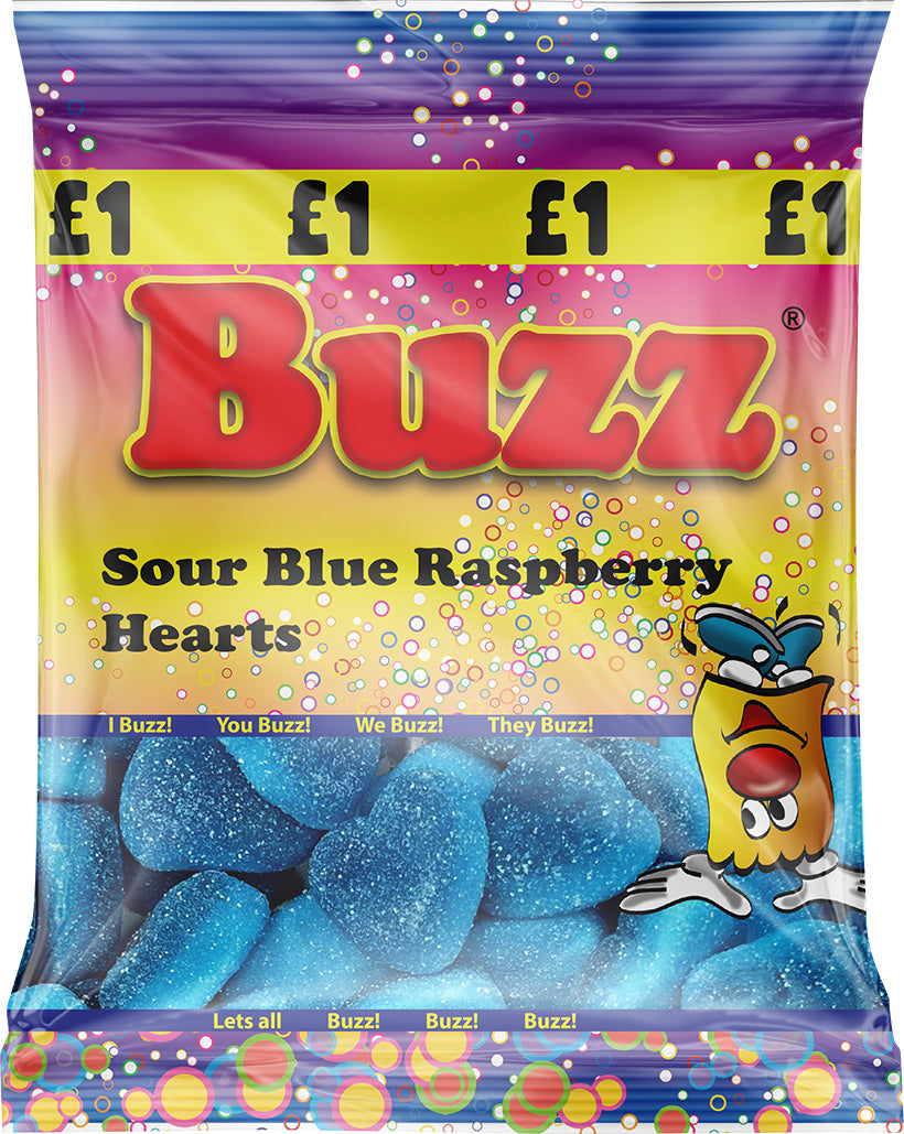 Blue Raspberry Hearts Sour Blue Raspberry Hearts- Buzz Sweets Share Pack UK Free Delivery