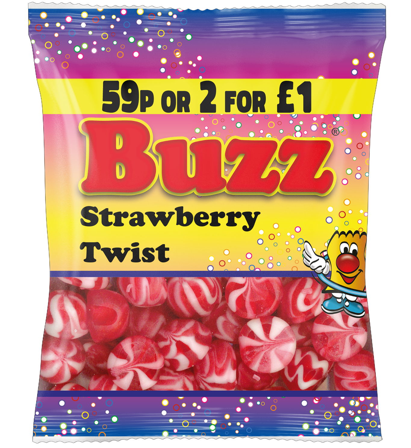 Packet of 59p Strawberry Twist Sweets by Buzz Sweets. Sold as 59p or 2 for £1.