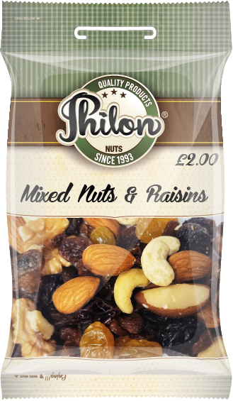 Packet Of Mixed Nuts & Raisins By Philon Nuts. Sell for £2.00 Per Packet.