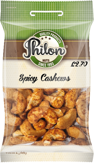 Packet Of Spicy Cashews By Philon Nuts. Sell for £2.70 Per Packet.