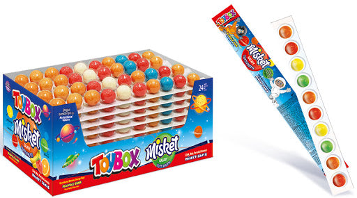 Pretty multicoloured gum ball strips, pack of 25 sold at 20p each.