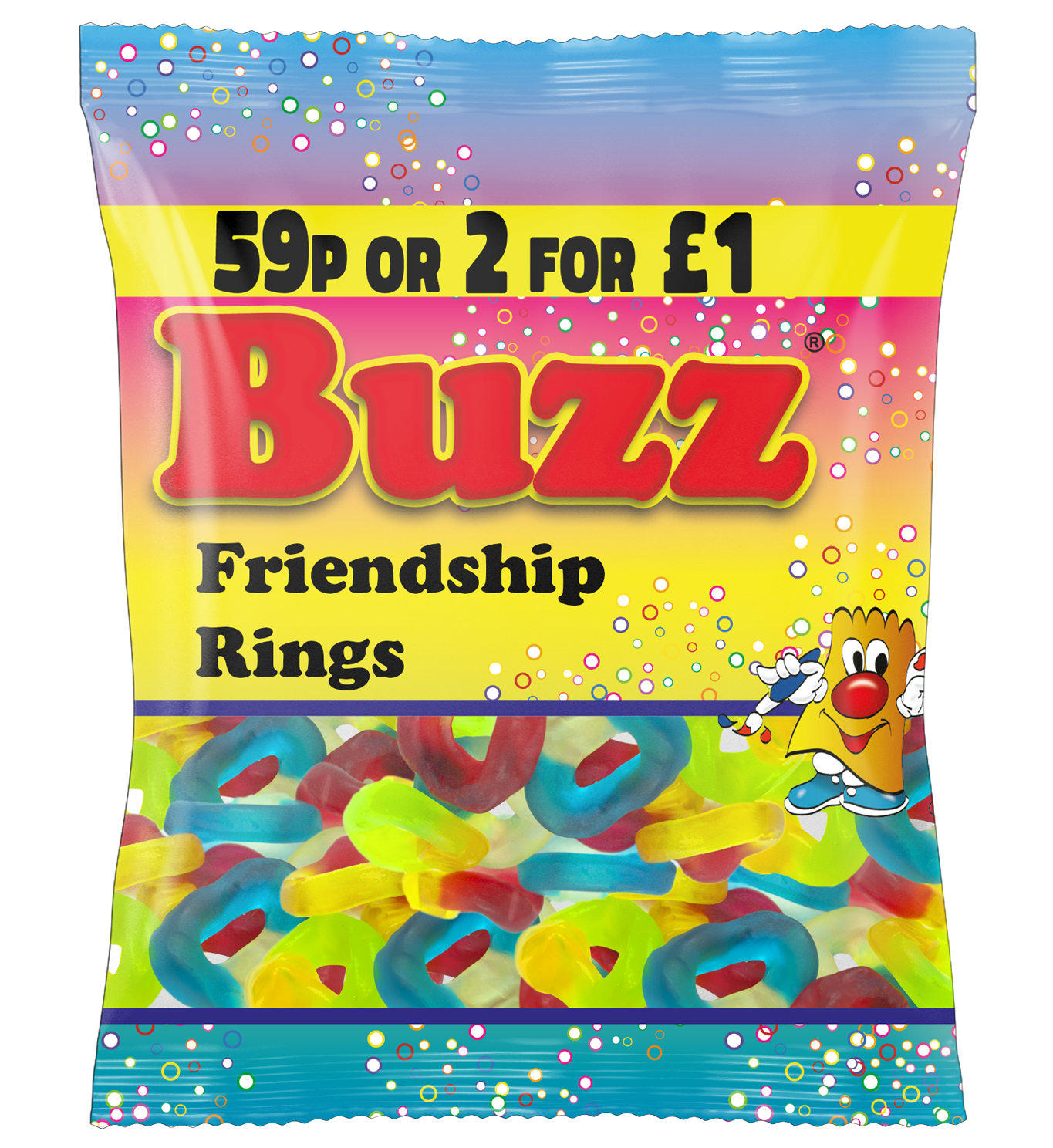 Packet of 59p Gummy Friendship Rings by Buzz Sweets. Sold as 59p or 2 for £1.