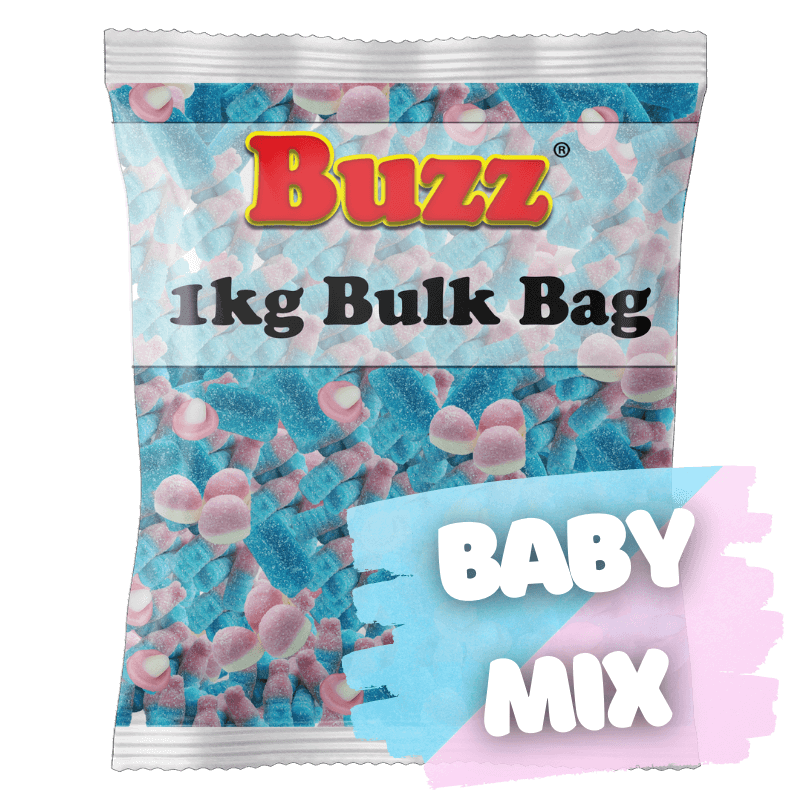 Buzz Sweets Baby Mix is a 1kg bulk bag of pink and blue sweets, perfect for any baby shower!