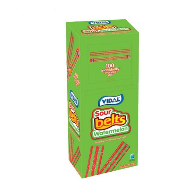 Box Of Vidal Sour Watermelon Belts. Sold in a box of 100 units! Tangy watermelon flavour with a sugary coating!