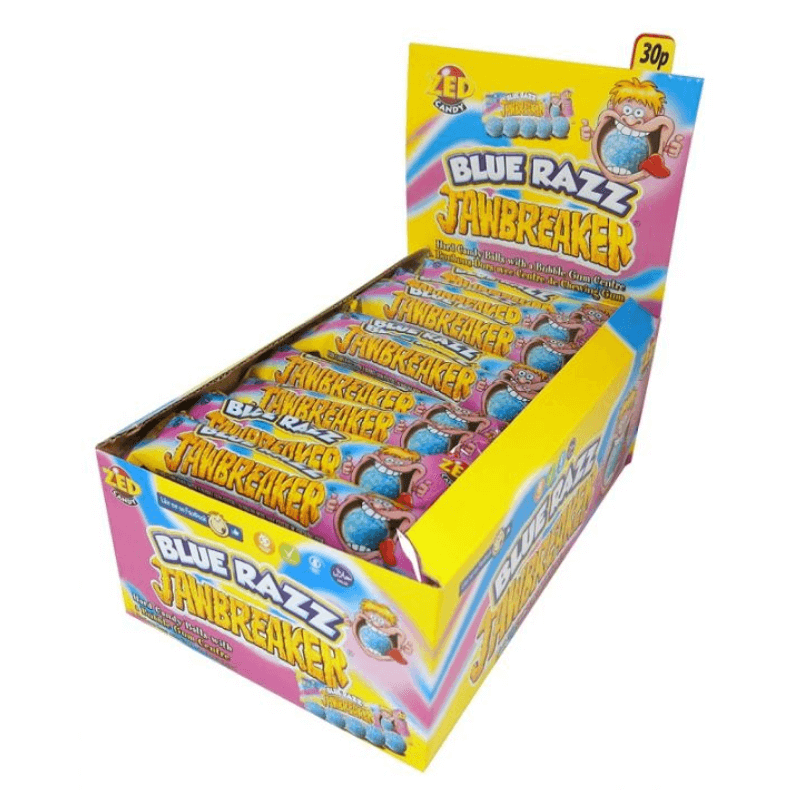 Box of blue raspberry flavoured jawbreakers with a bubblegum center.