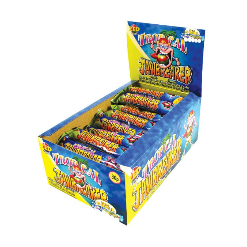 Box of tropical flavoured jawbreakers, with a bubblegum centre.