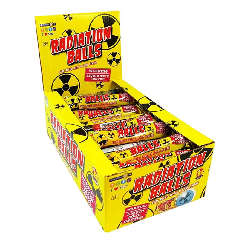 Box of Radiation Super Sour Gumballs With A Liquid Sour Core!