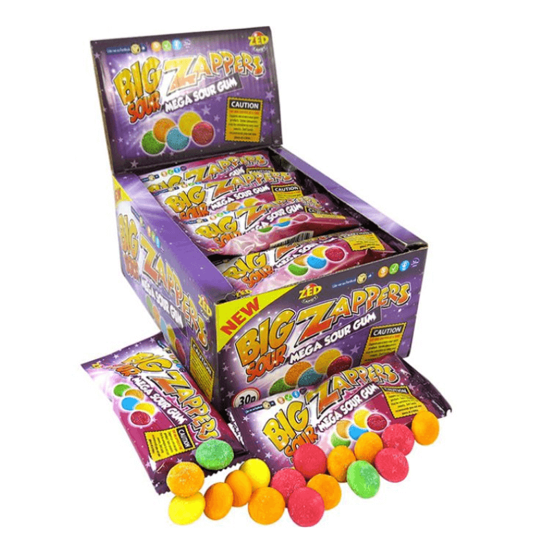 Box Of Big Sour Zappers. A pack of mega sour bubblegums that pack a real sour punch!