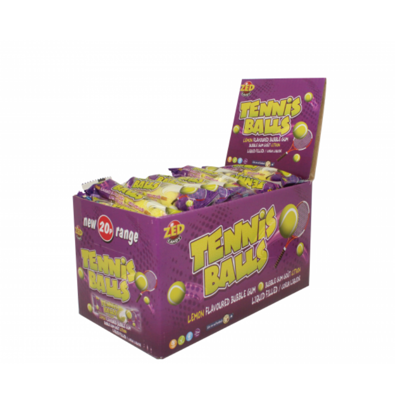 Box of fruity flavoured bubblegum, painted to look like tennis balls! Delicious lemon flavour bubblegum with a smooth liquid centre.
