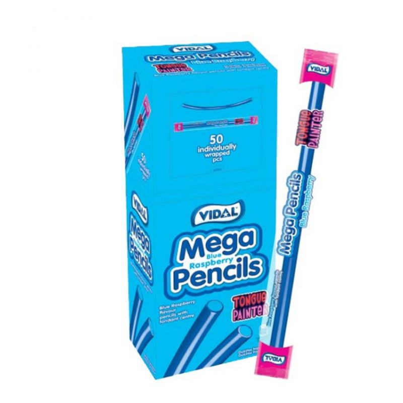 Box of Vidal blue raspberry pencils that are packed with delicious fruit flavour and a sweet fondant centre.
