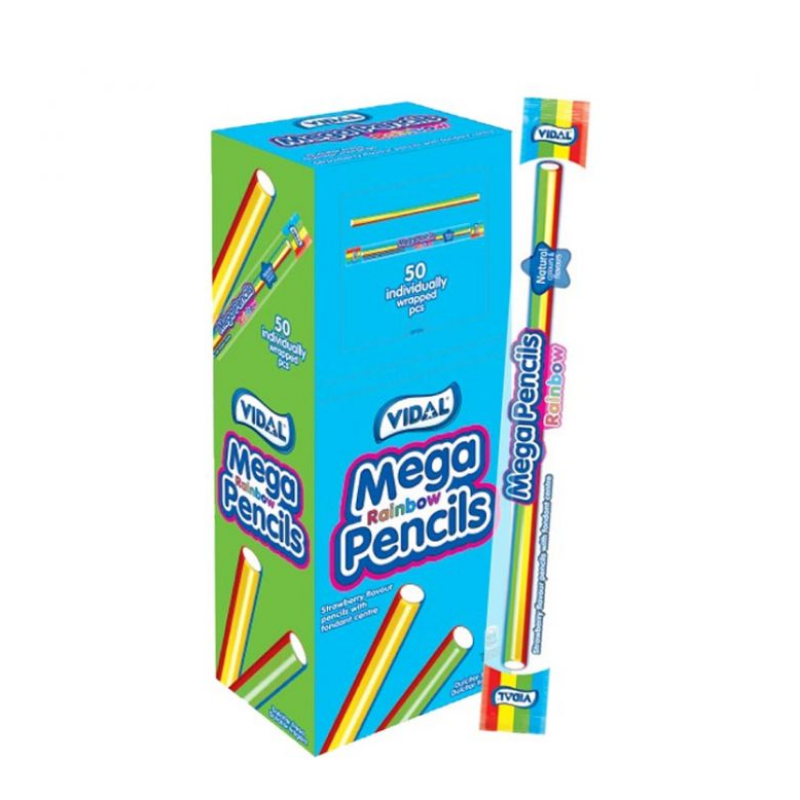 Box of Vidal mega rinbow pencils that are packed with delicious fruit flavour and a sweet fondant centre.