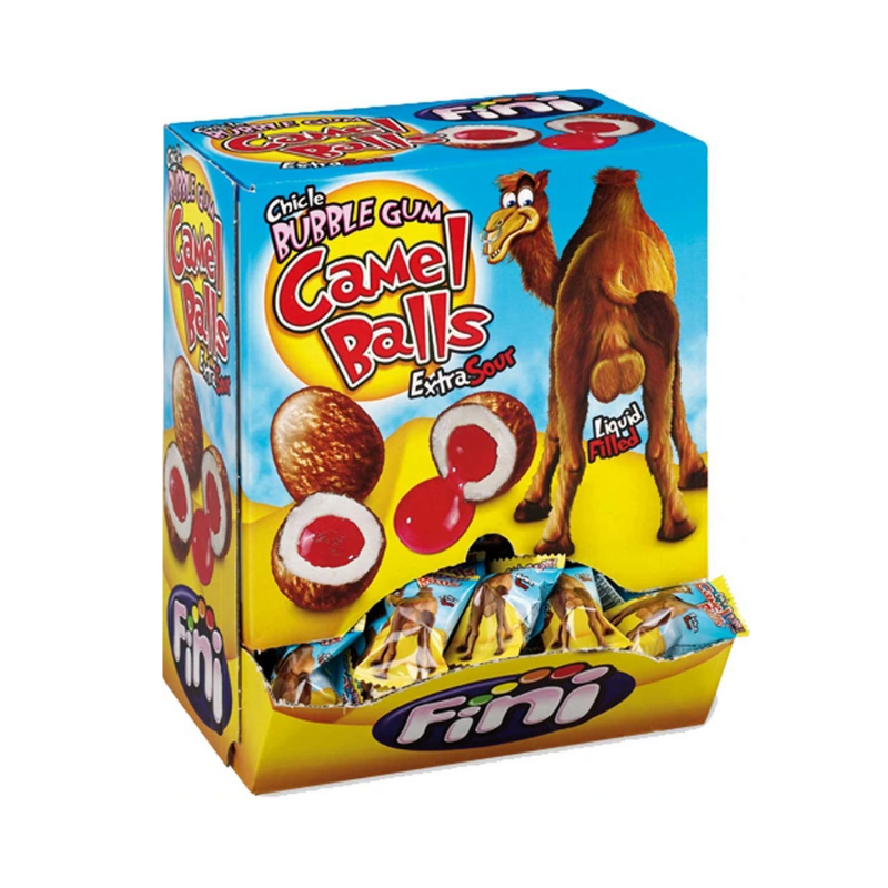 Box of Camel Ball Bubblegum, with a strawberry liquid centre.