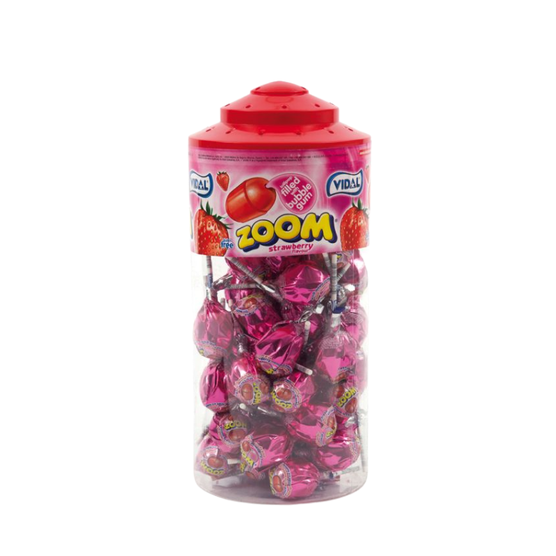 Tub of 50 large strawberry flavoured lollipops with a bubblegum centre.