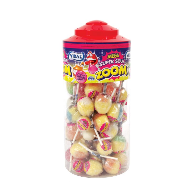 Tub of 50 large super sour lollipops, with a bubblegum centre.