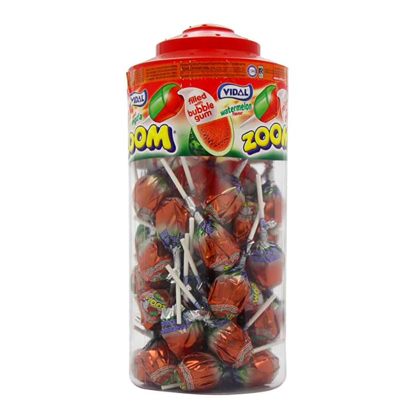 Tub of 50 Large watermelon flavoured lollipops with a bubblegum centre.