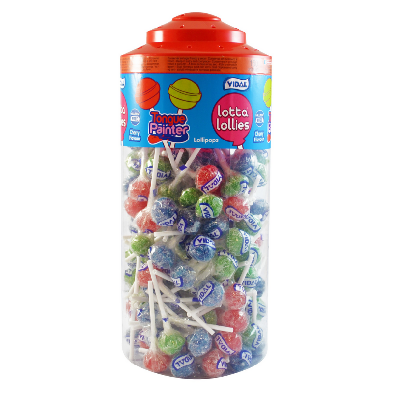 Tub of 150 tongue painter lollipops. Change your tongue to red, blue or green!