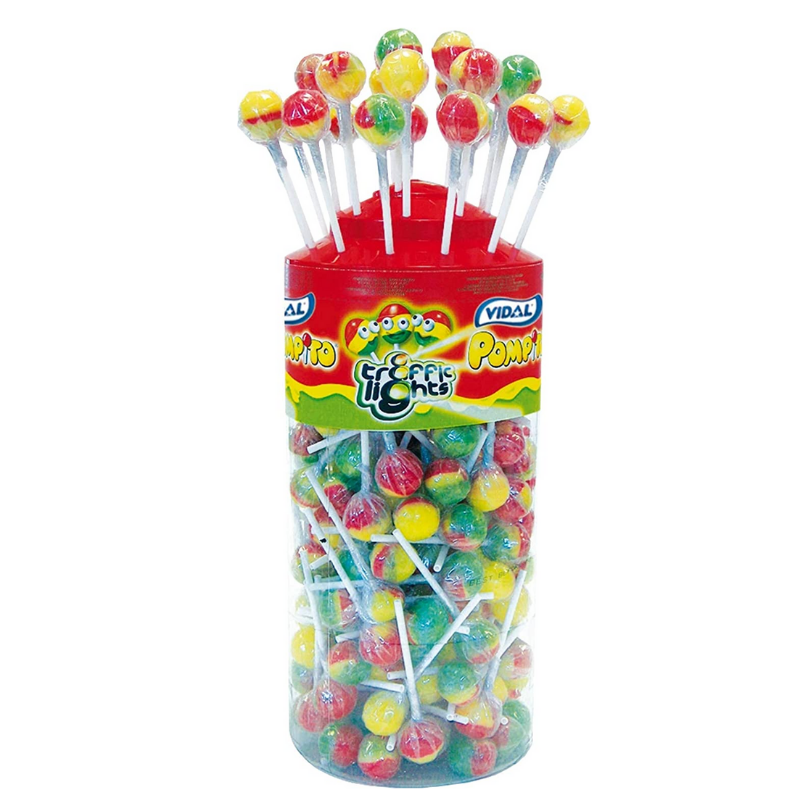 Tub of 150 traffic light lollipops, delicious fruity flavours in a red, yellow and green lollipop!
