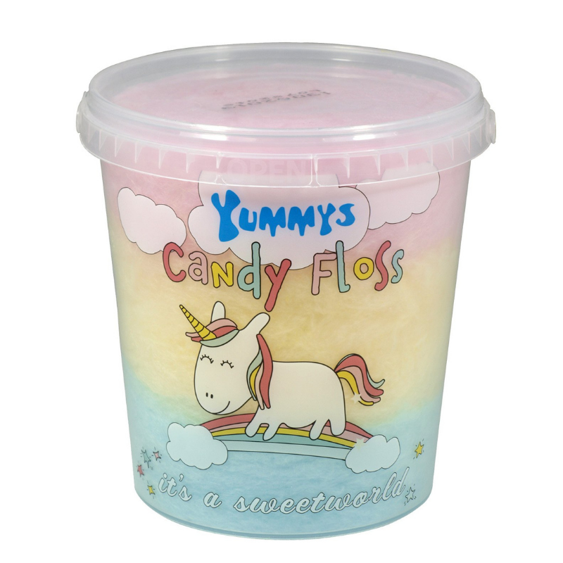 Tub of multicoloured candy floss in blue, yellow and pink!