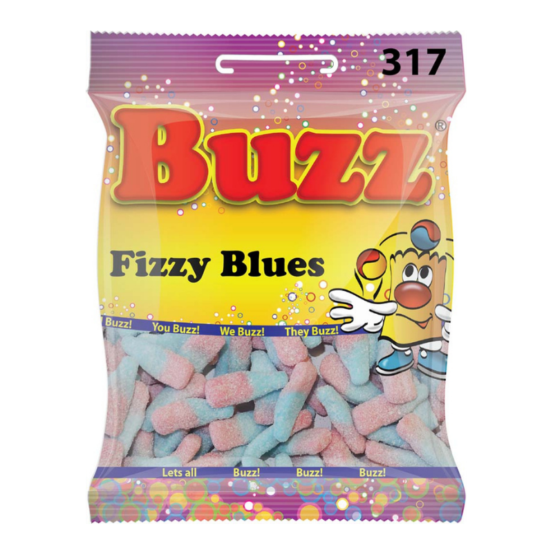 10 Packets Of Fizzy Blue Bottles by Buzz Sweets. Sell at £1 Per Packet.