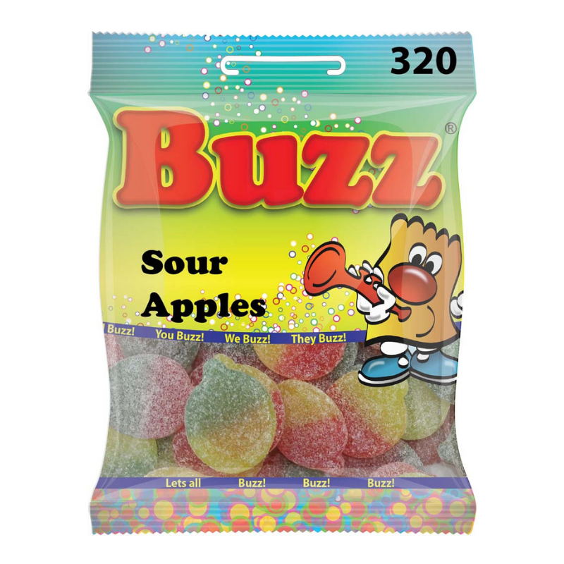 10 Packets Of Sour Apples By Buzz Sweets. Sell for £1 each.