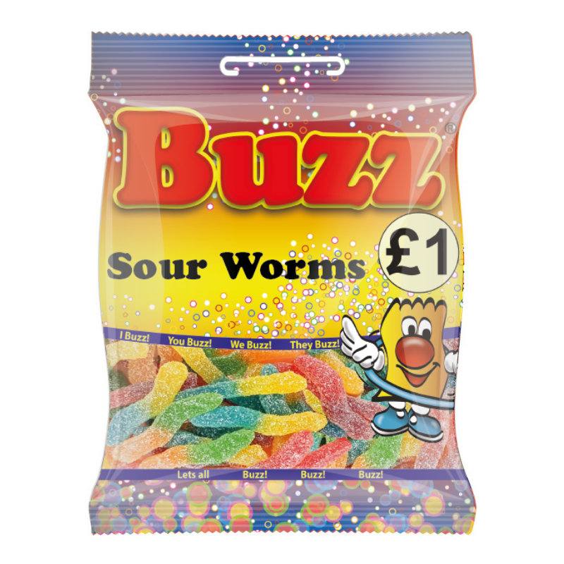 10 Packets Of Sour Worms By Buzz Sweets. Sell for £1 each.