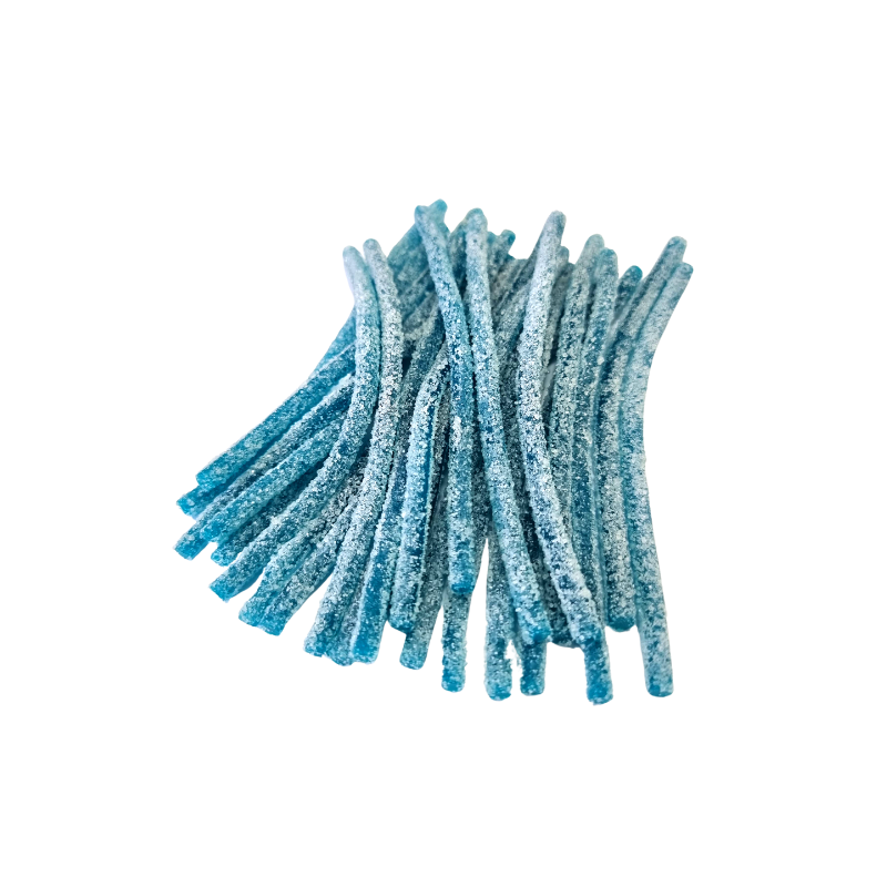 Long strings of blue licorice, covered in fizzy sugar with a raspberry flavour.