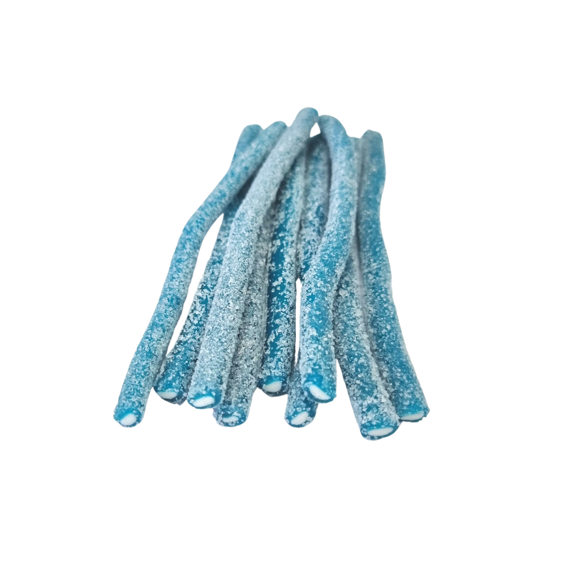 Long sticks of blue raspberry flavour licorice with a smooth fondant center. Smothered in a fizzy sugar coating.
