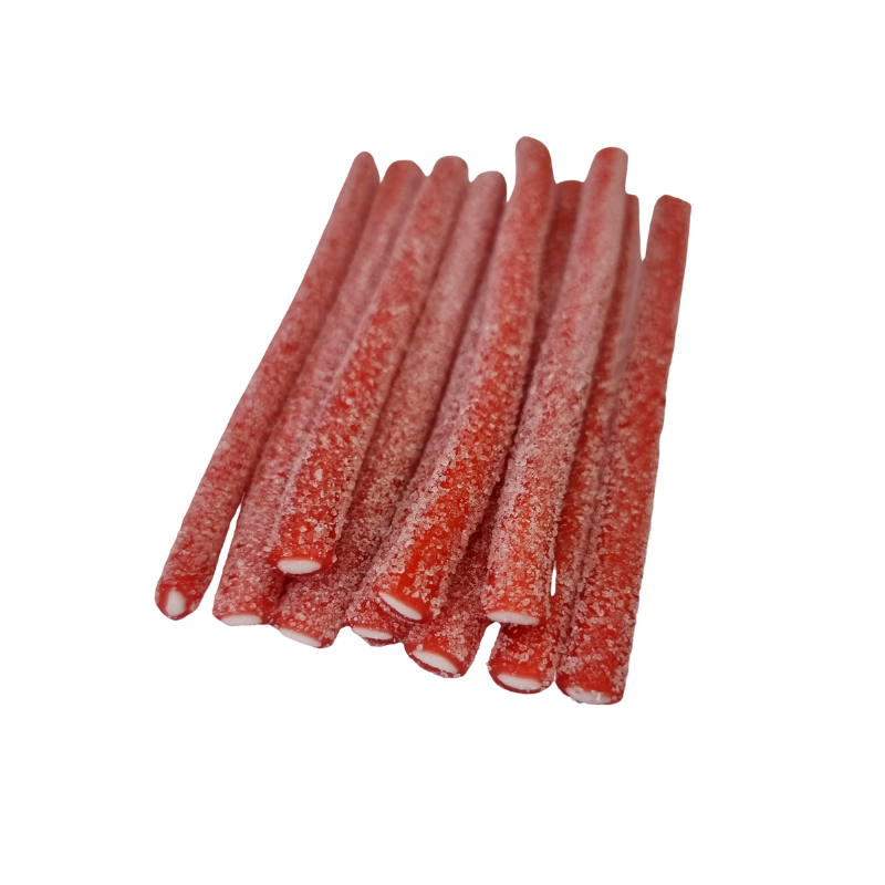 Long sticks of red strawberry flavour licorice with a smooth fondant center. Smothered in a fizzy sugar coating.